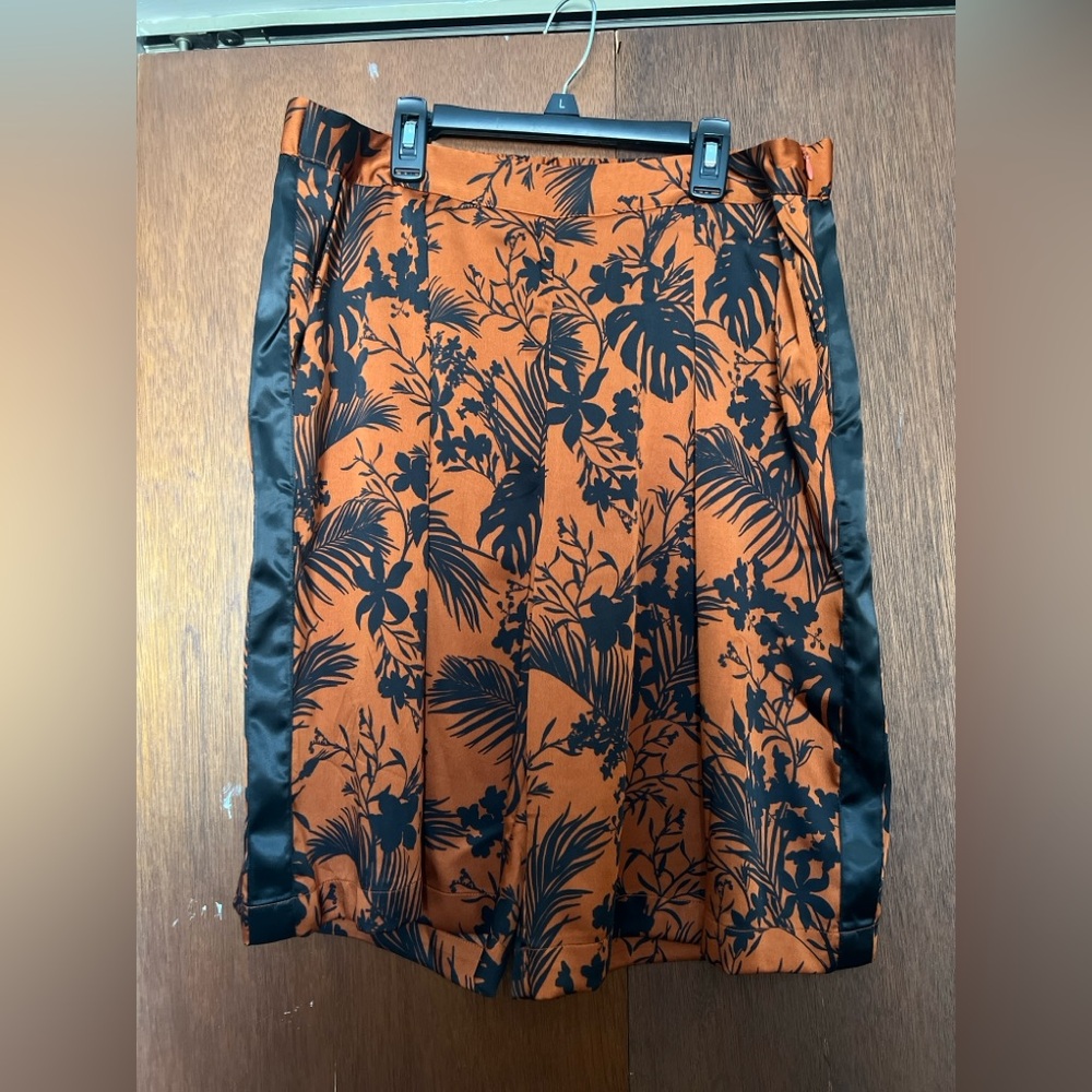Women's Orange Tropical Print Flat-Front Shorts with Black Trim